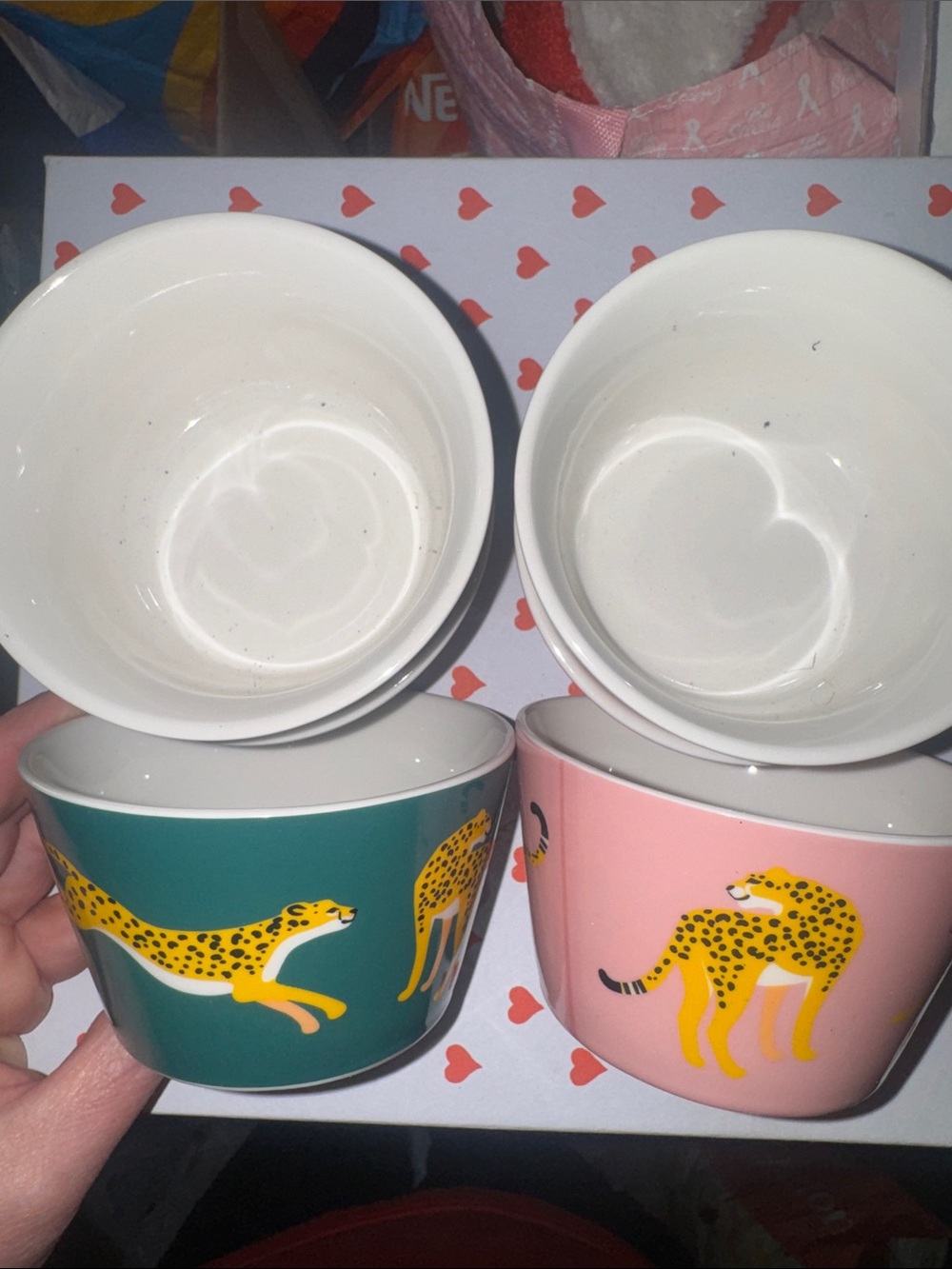 Target 6 Ceramic Serving Bowls Set - 3 Teal & 3 Pink with Yellow Cheetah Motif
